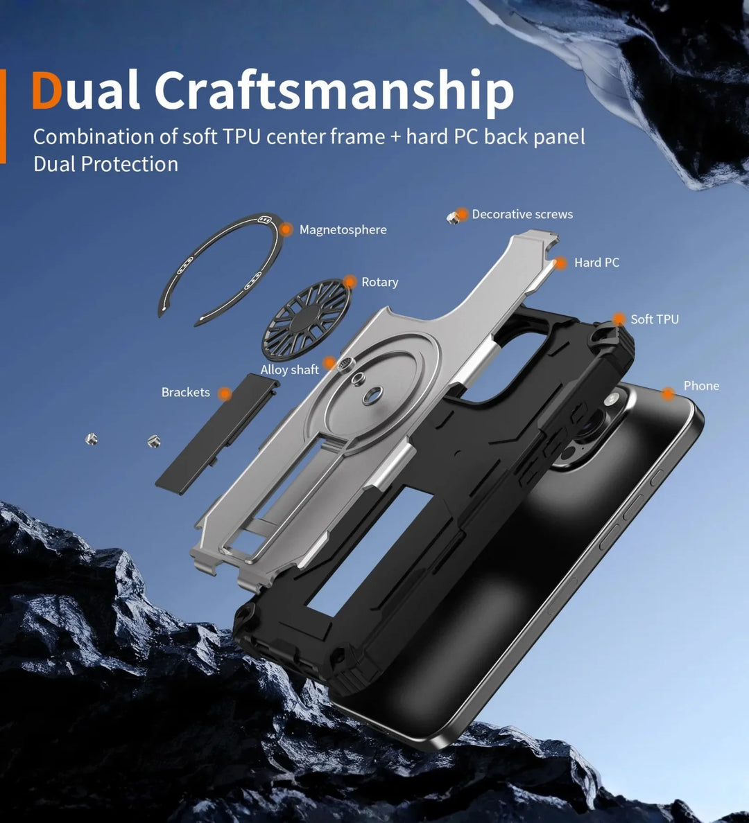 Heavy Duty Magnetic Armor iPhone Case with Kickstand & Spin Wheel - Grey - Creslia