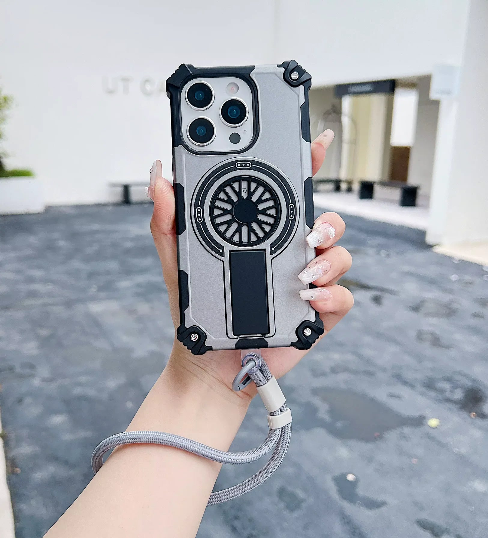 Heavy Duty Magnetic Armor iPhone Case with Kickstand & Spin Wheel - Grey