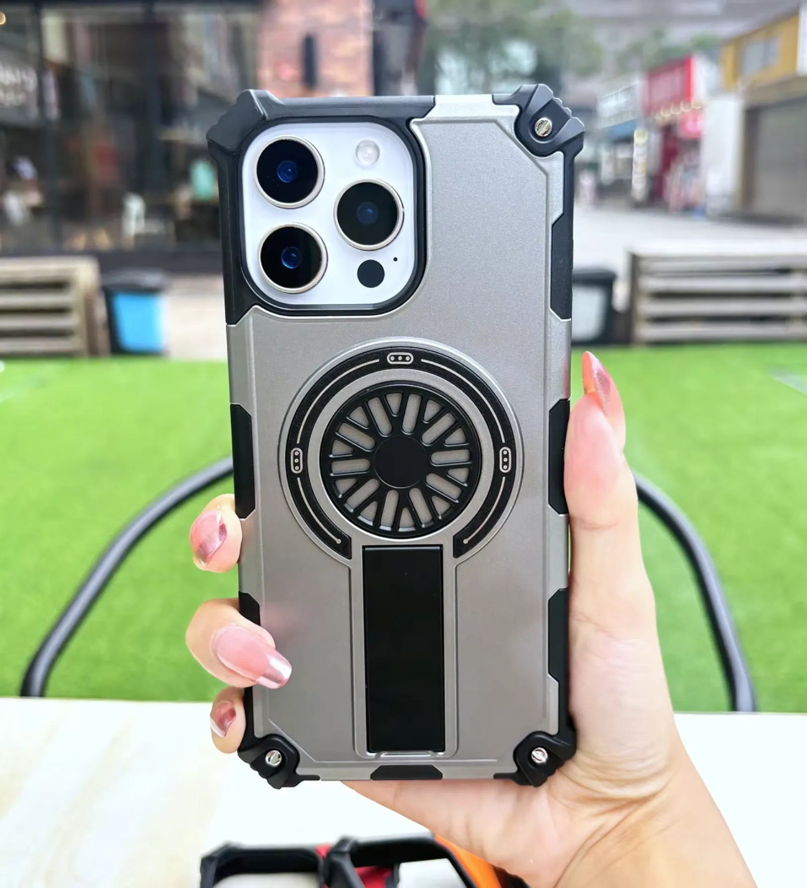 Heavy Duty Magnetic Armor iPhone Case with Kickstand & Spin Wheel - Grey