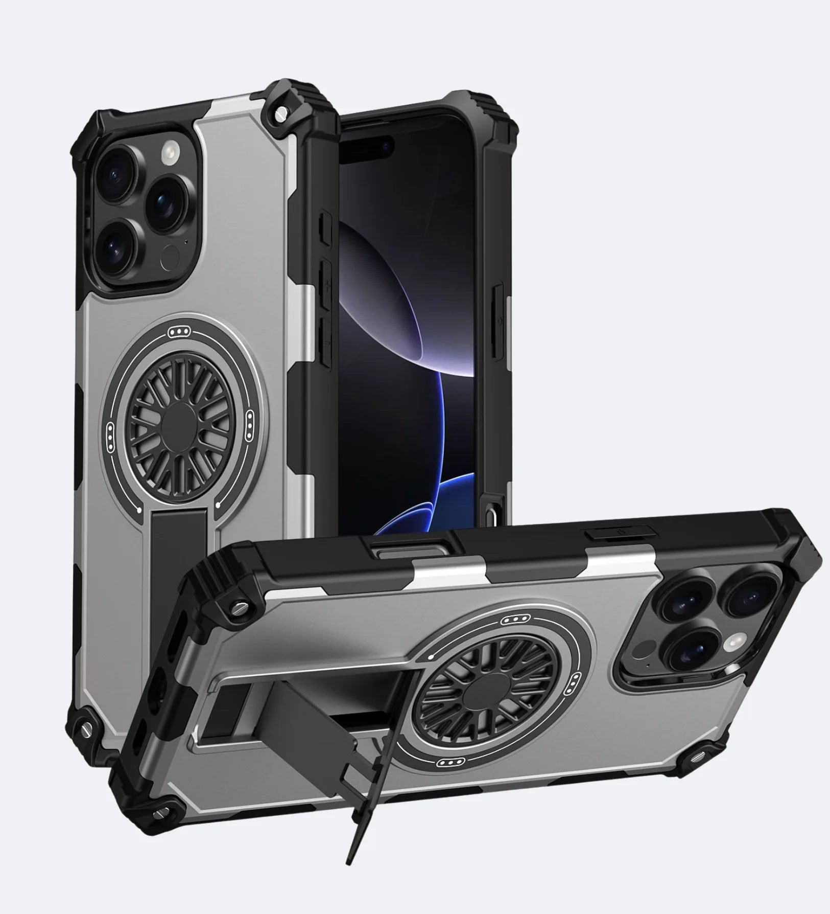 Heavy Duty Magnetic Armor iPhone Case with Kickstand & Spin Wheel - Grey