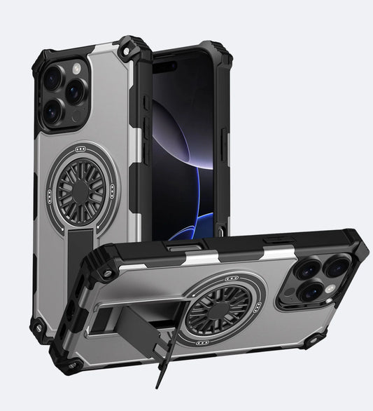 Heavy Duty Magnetic Armor iPhone Case with Kickstand & Spin Wheel - Grey