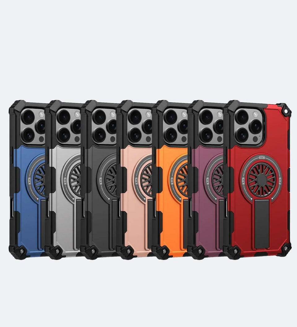 Heavy Duty Magnetic Armor iPhone Case with Kickstand & Spin Wheel - Red - Creslia