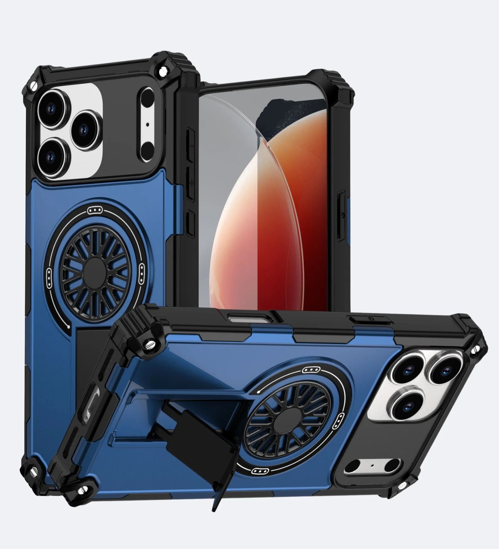 Heavy Duty Magnetic Armor iPhone Case with Kickstand & Spin Wheel - Blue