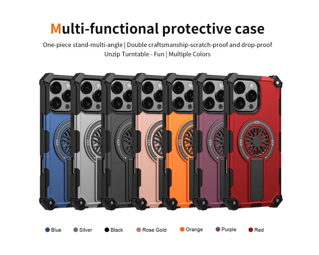 Heavy Duty Magnetic Armor iPhone Case with Kickstand & Spin Wheel - Red