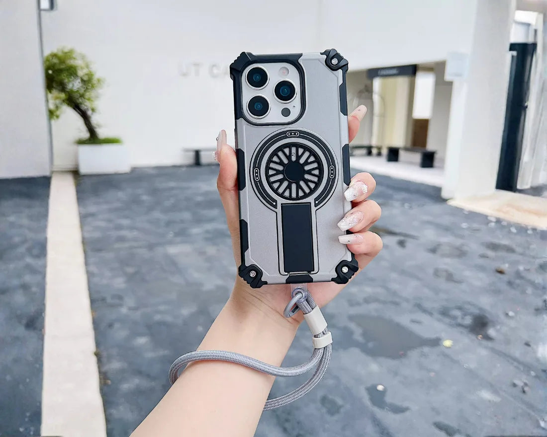 Heavy Duty Magnetic Armor iPhone Case with Kickstand & Spin Wheel - Red