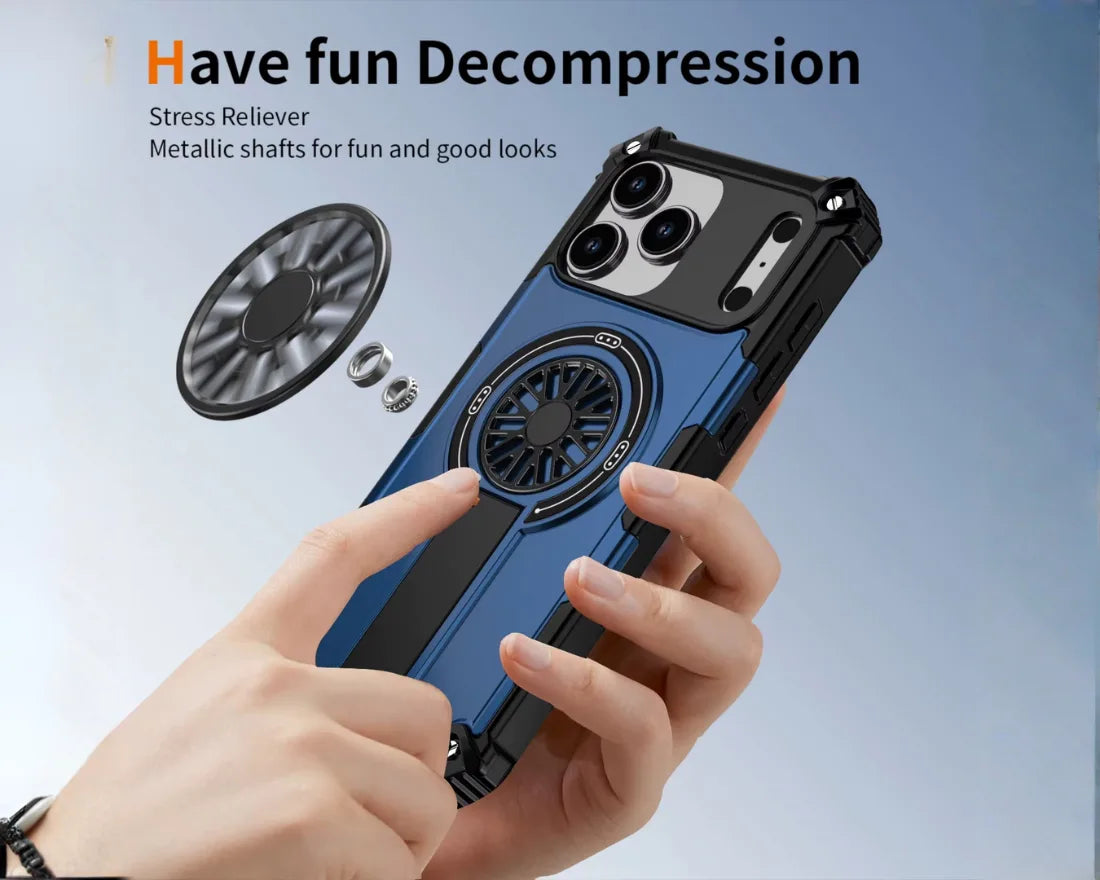 Heavy Duty Magnetic Armor iPhone Case with Kickstand & Spin Wheel - Red