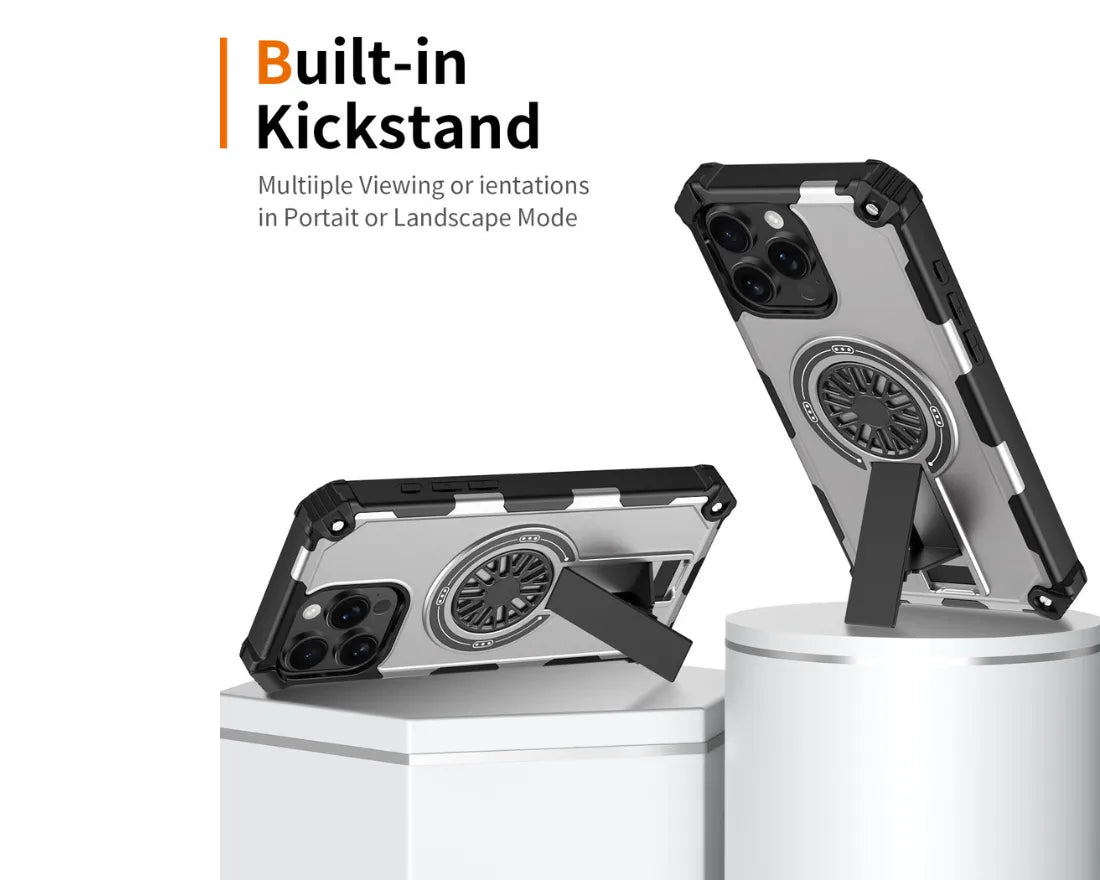 Heavy Duty Magnetic Armor iPhone Case with Kickstand & Spin Wheel - Red