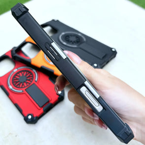 Heavy Duty Magnetic Armor iPhone Case with Kickstand & Spin Wheel - Red