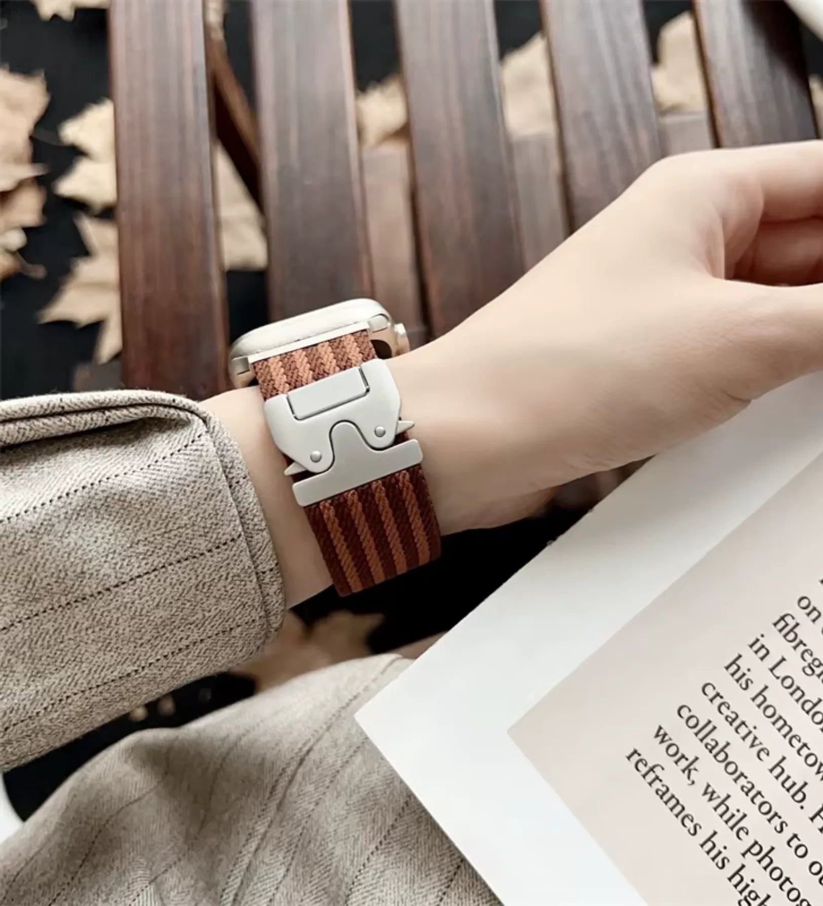Parachute-Buckle Striped Nylon Apple Watch Band – Brown