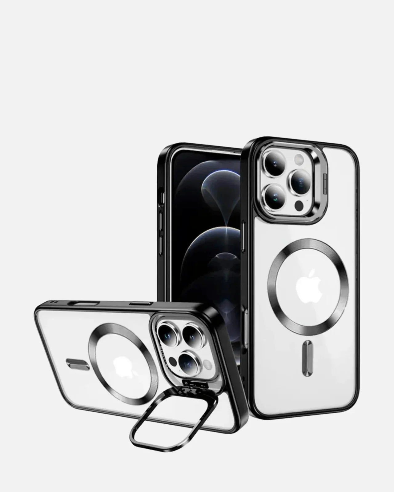 MagSafe Metallic Ring Stand Case for iPhone 16 Pro Max in Black/Rose Gold, clear shockproof design with kickstand.