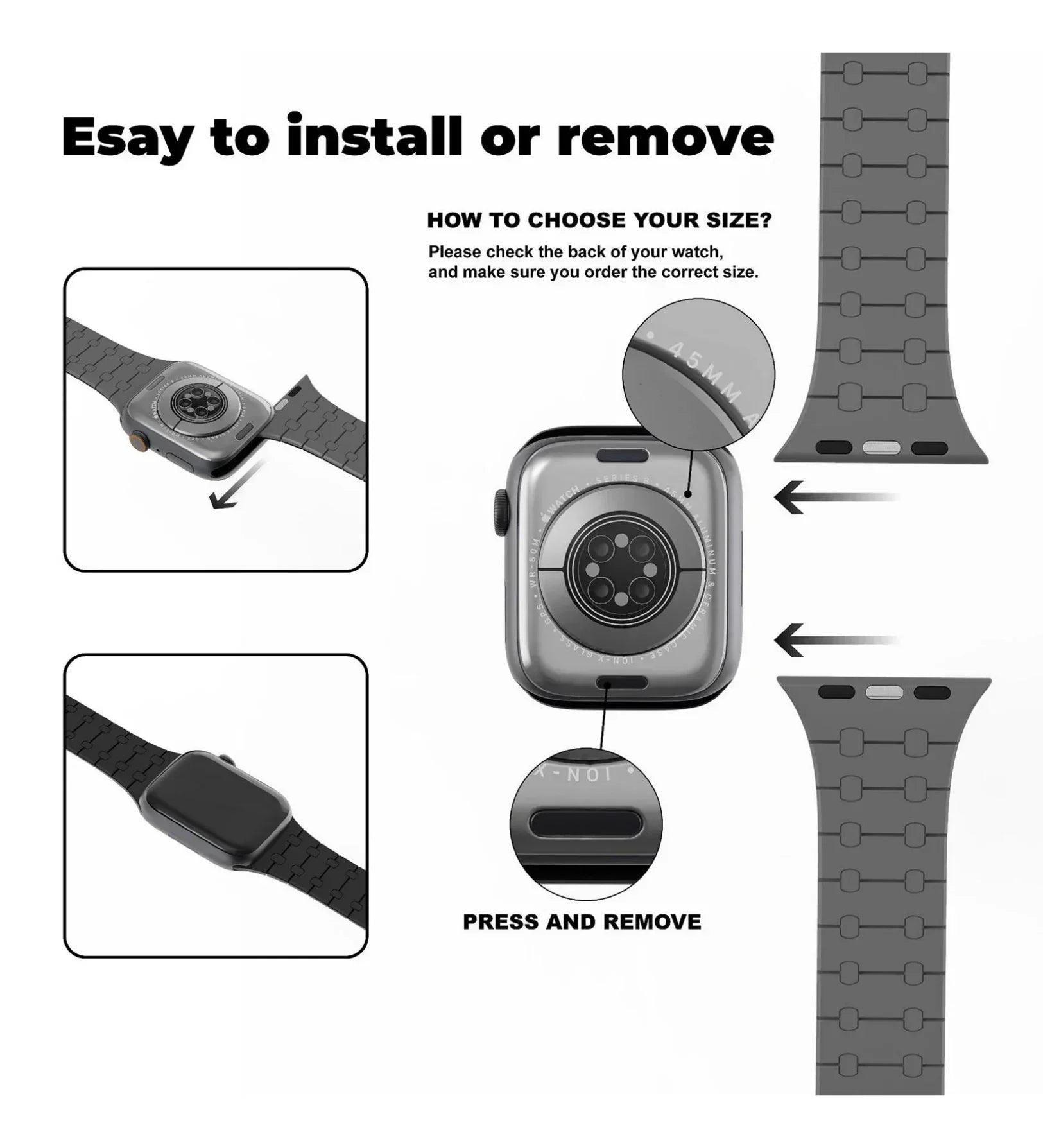 Creslia Magnetic Link Silicone Band for Apple Watch – Black - Creslia