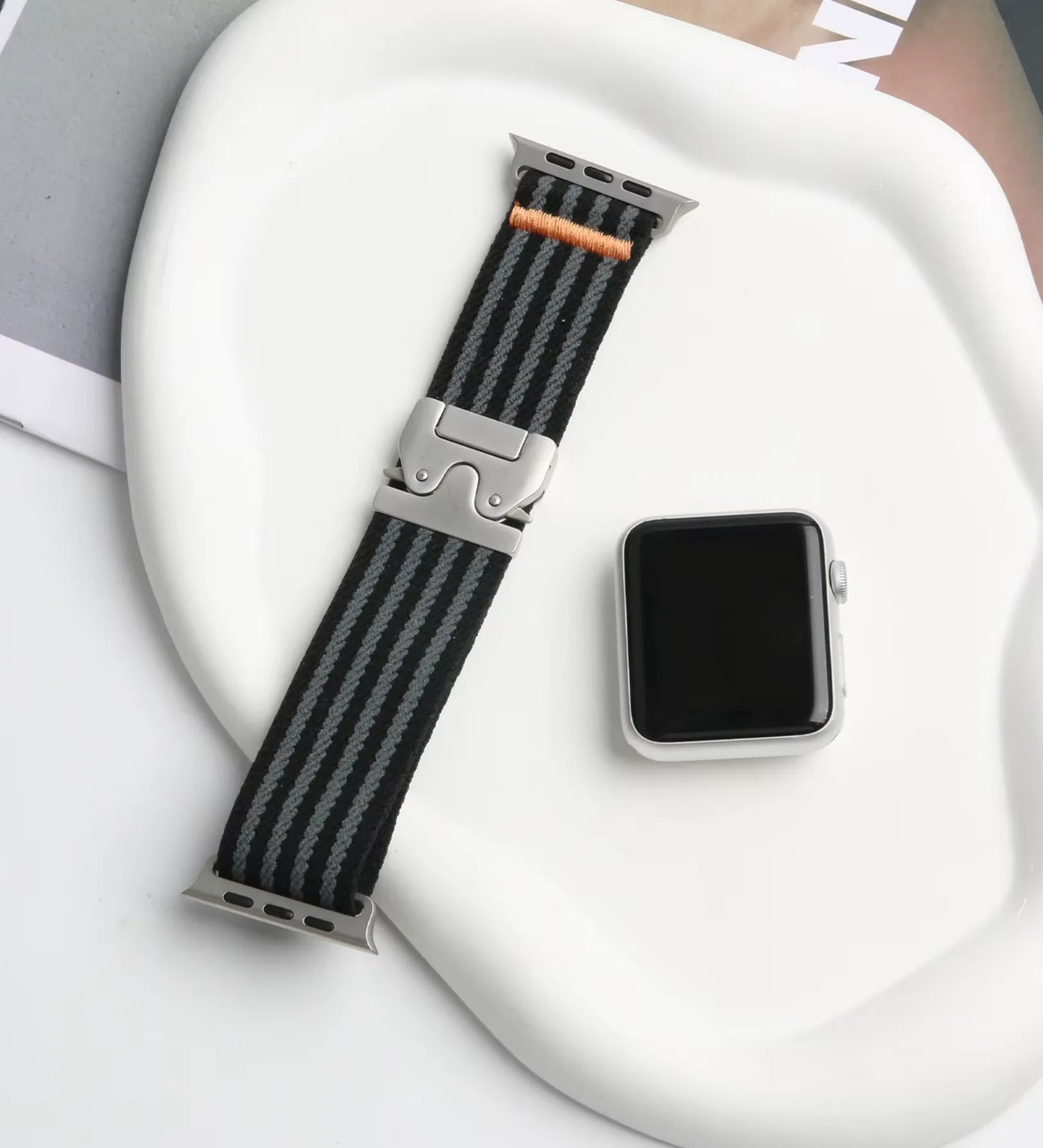 Parachute-Buckle Striped Nylon Apple Watch Band – Black