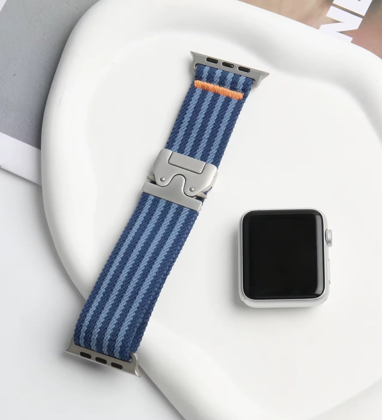Parachute-Buckle Striped Nylon Apple Watch Band – Blue