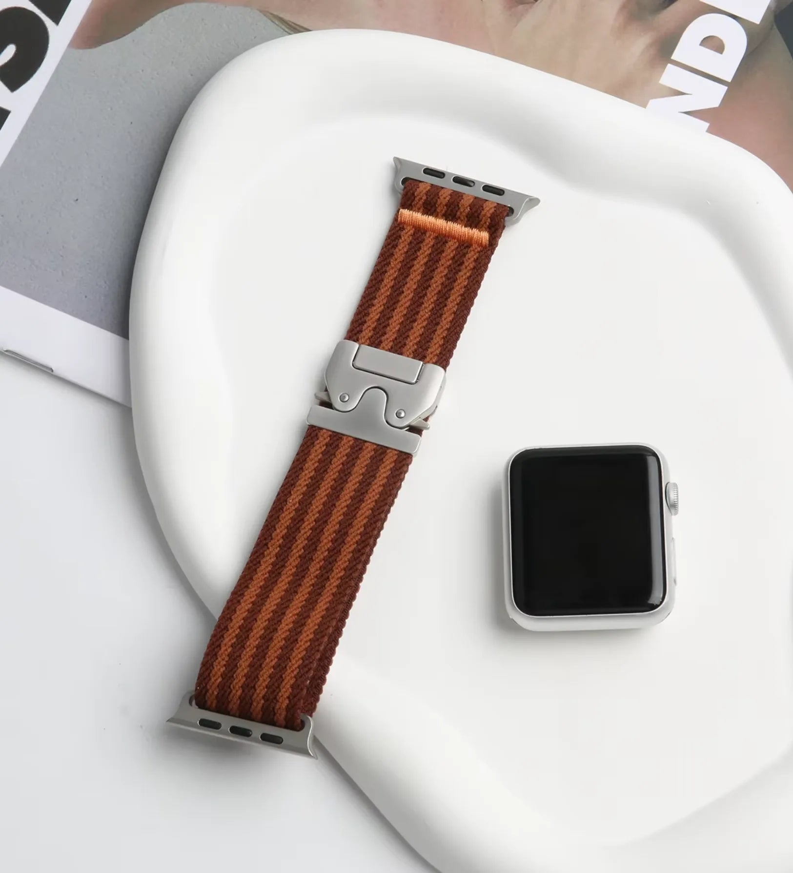 Parachute-Buckle Striped Nylon Apple Watch Band – Brown