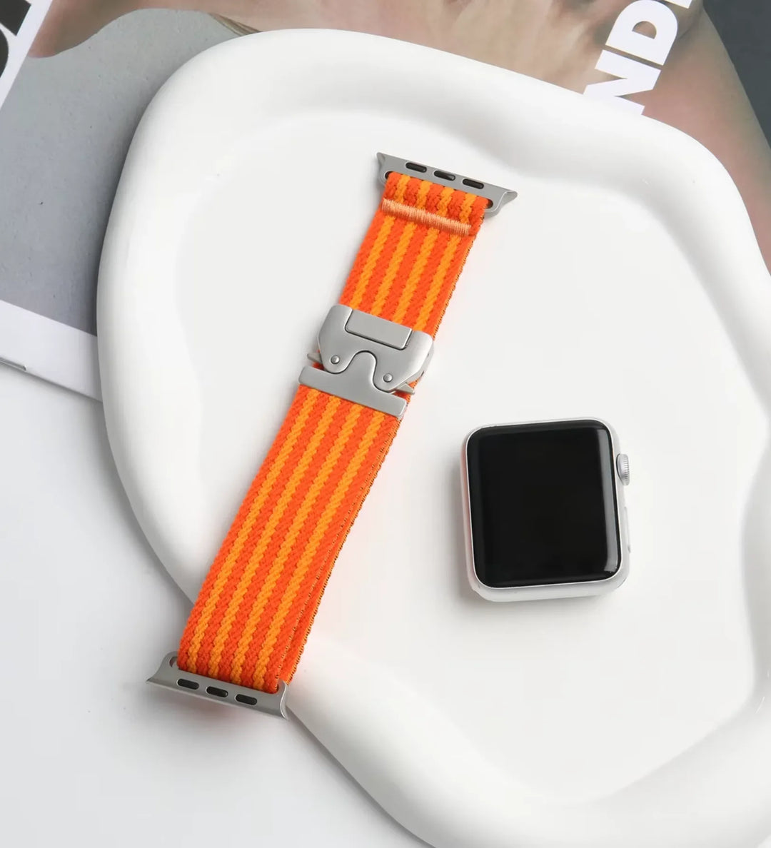 Parachute-Buckle Striped Nylon Apple Watch Band - Orange - Creslia