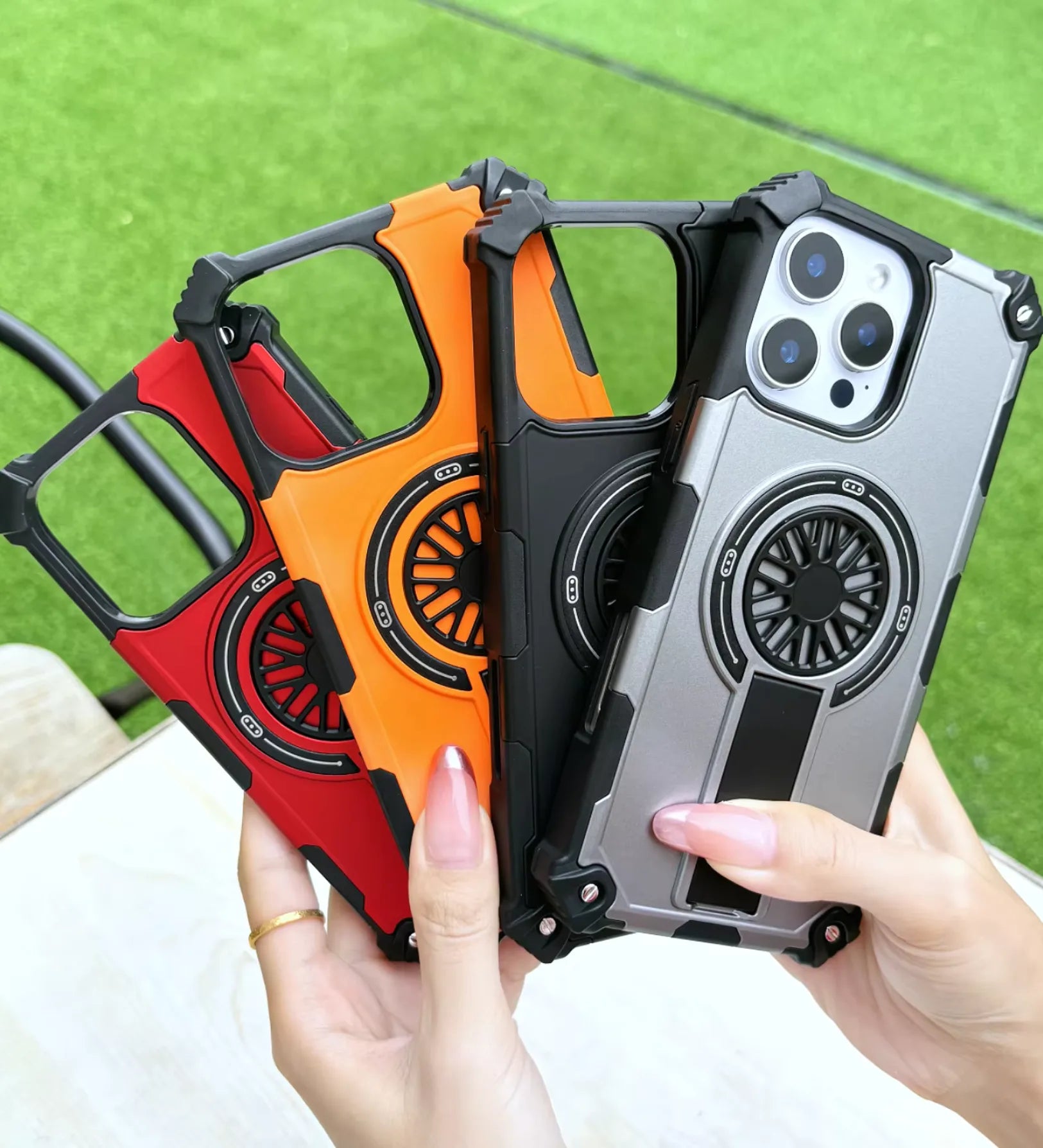 Heavy Duty Magnetic Armor iPhone Case with Kickstand & Spin Wheel - Red