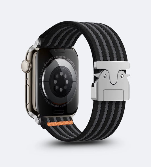 Parachute-Buckle Striped Nylon Apple Watch Band – Black