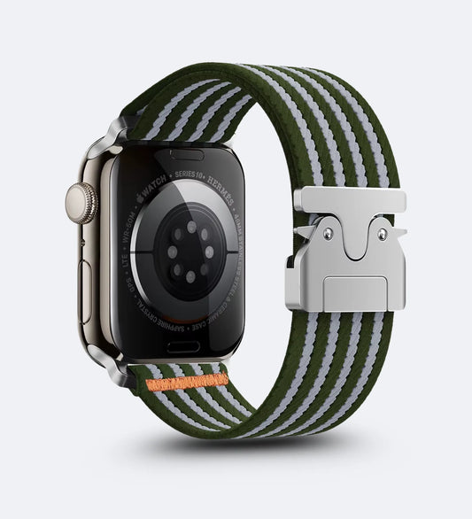 Parachute-Buckle Striped Nylon Apple Watch Band – Olive Green