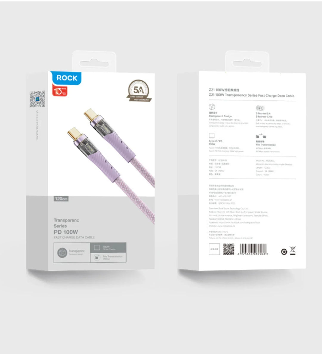 ROCK Z21 100W Transparent USB-C to USB-C Cable – Fast Charging & Data Transfer (1.2m) - Creslia