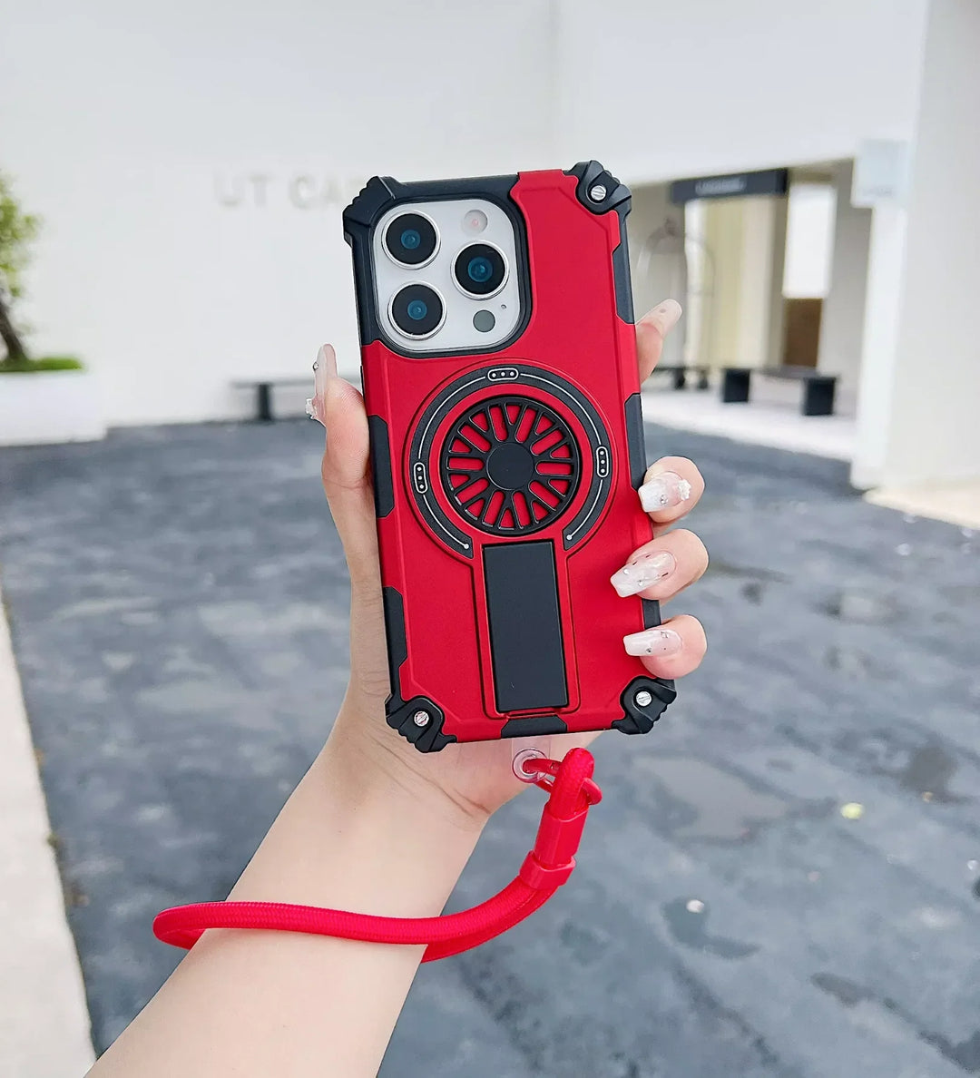 Heavy Duty Magnetic Armor iPhone Case with Kickstand & Spin Wheel - Red - Creslia