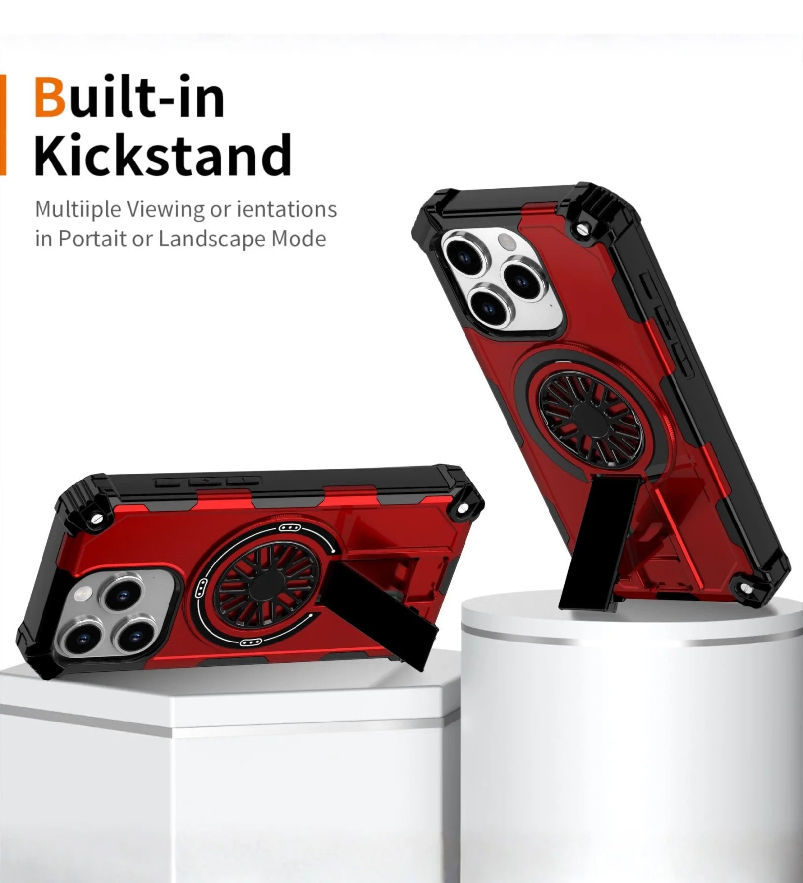 Heavy Duty Magnetic Armor iPhone Case with Kickstand & Spin Wheel - Red