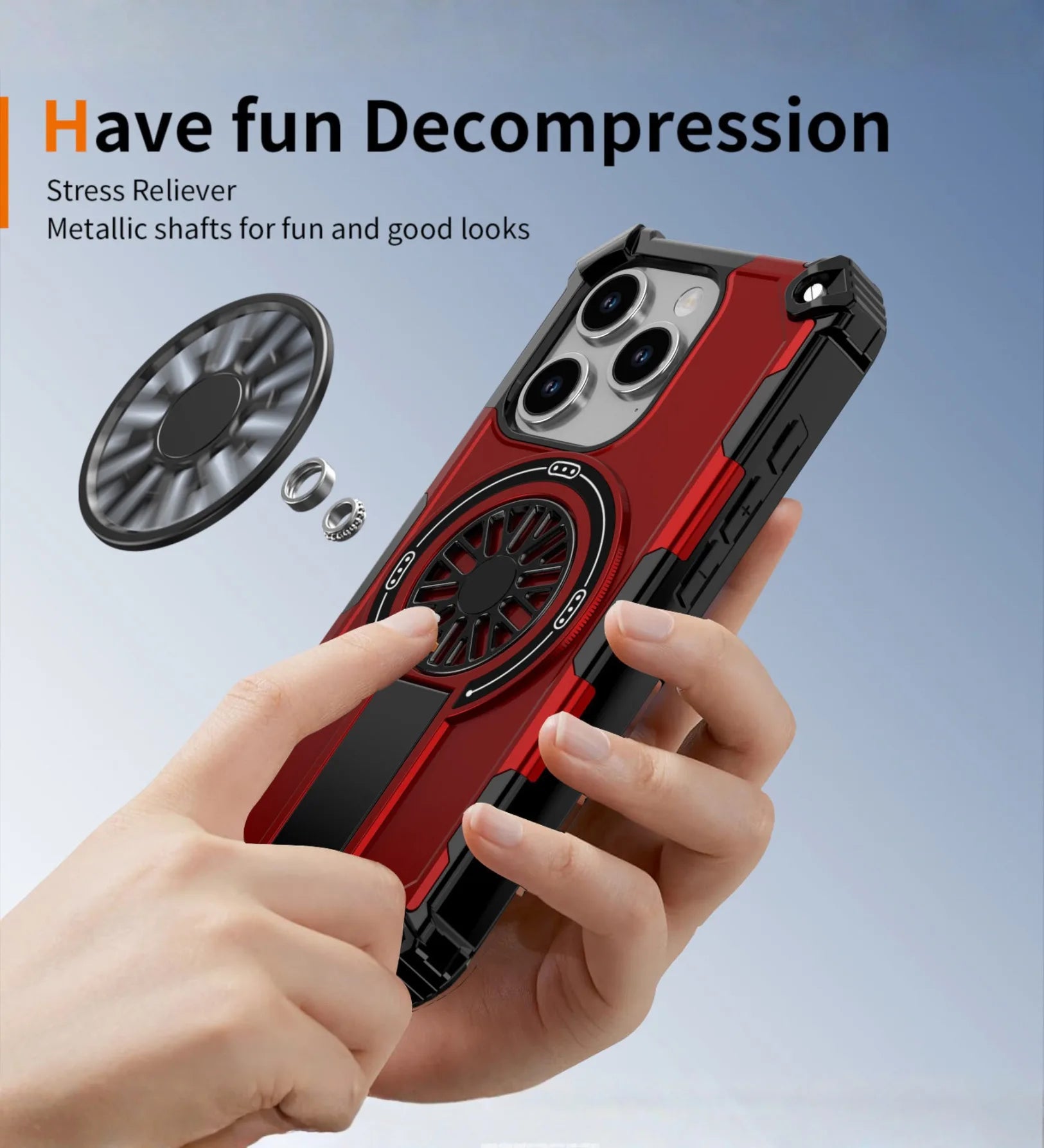 Heavy Duty Magnetic Armor iPhone Case with Kickstand & Spin Wheel - Red