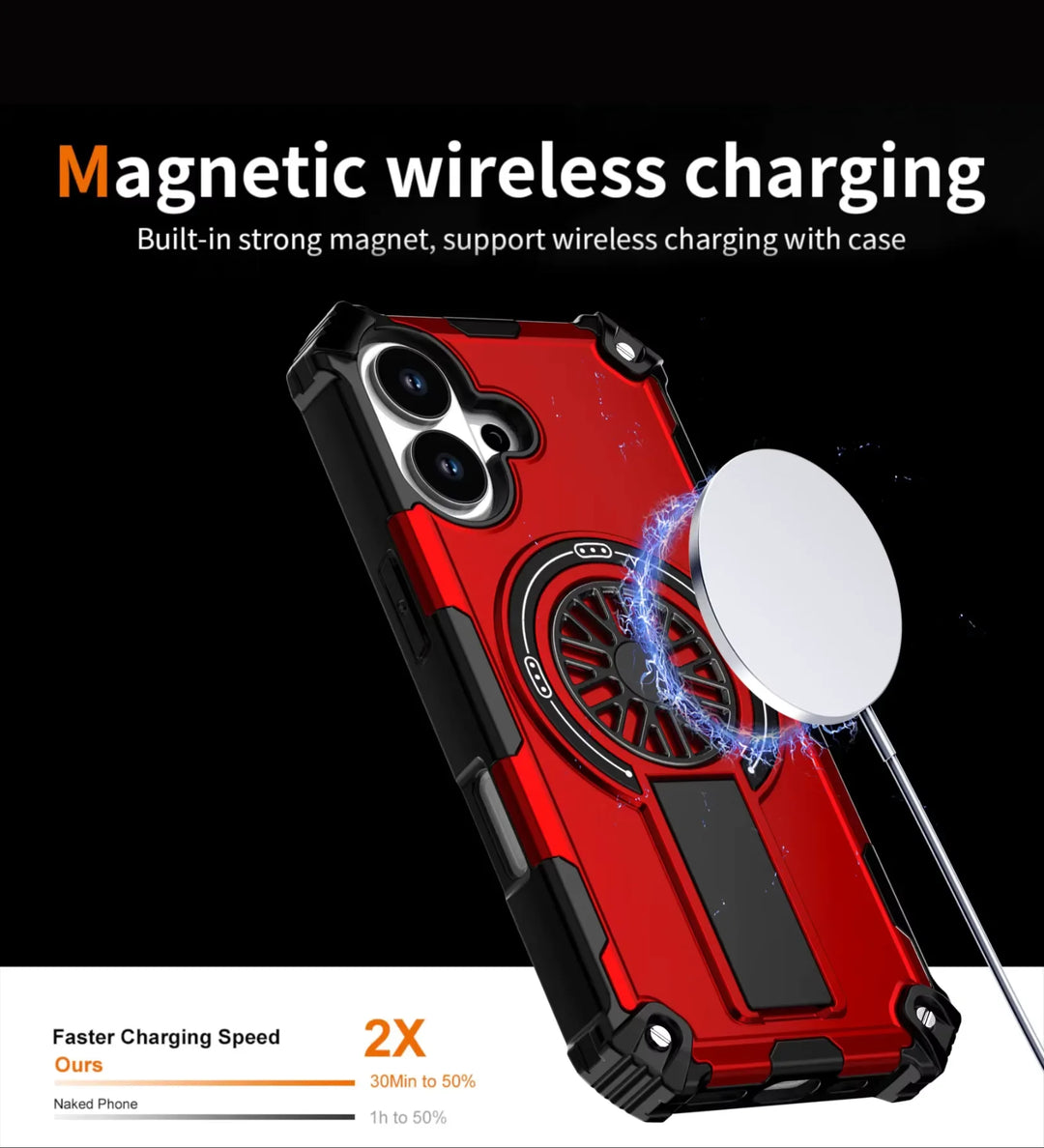 Heavy Duty Magnetic Armor iPhone Case with Kickstand & Spin Wheel - Red - Creslia