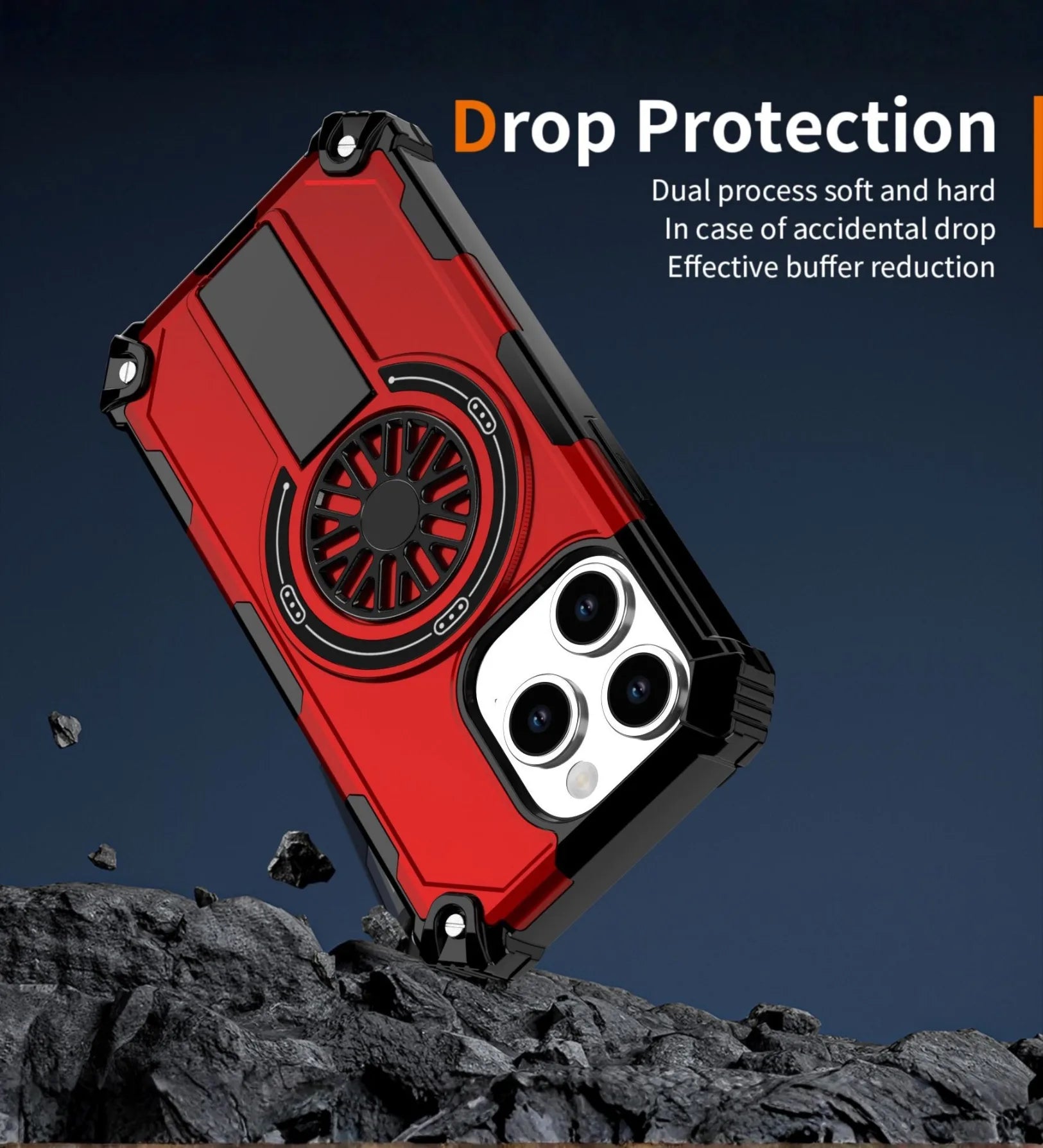 Heavy Duty Magnetic Armor iPhone Case with Kickstand & Spin Wheel - Red