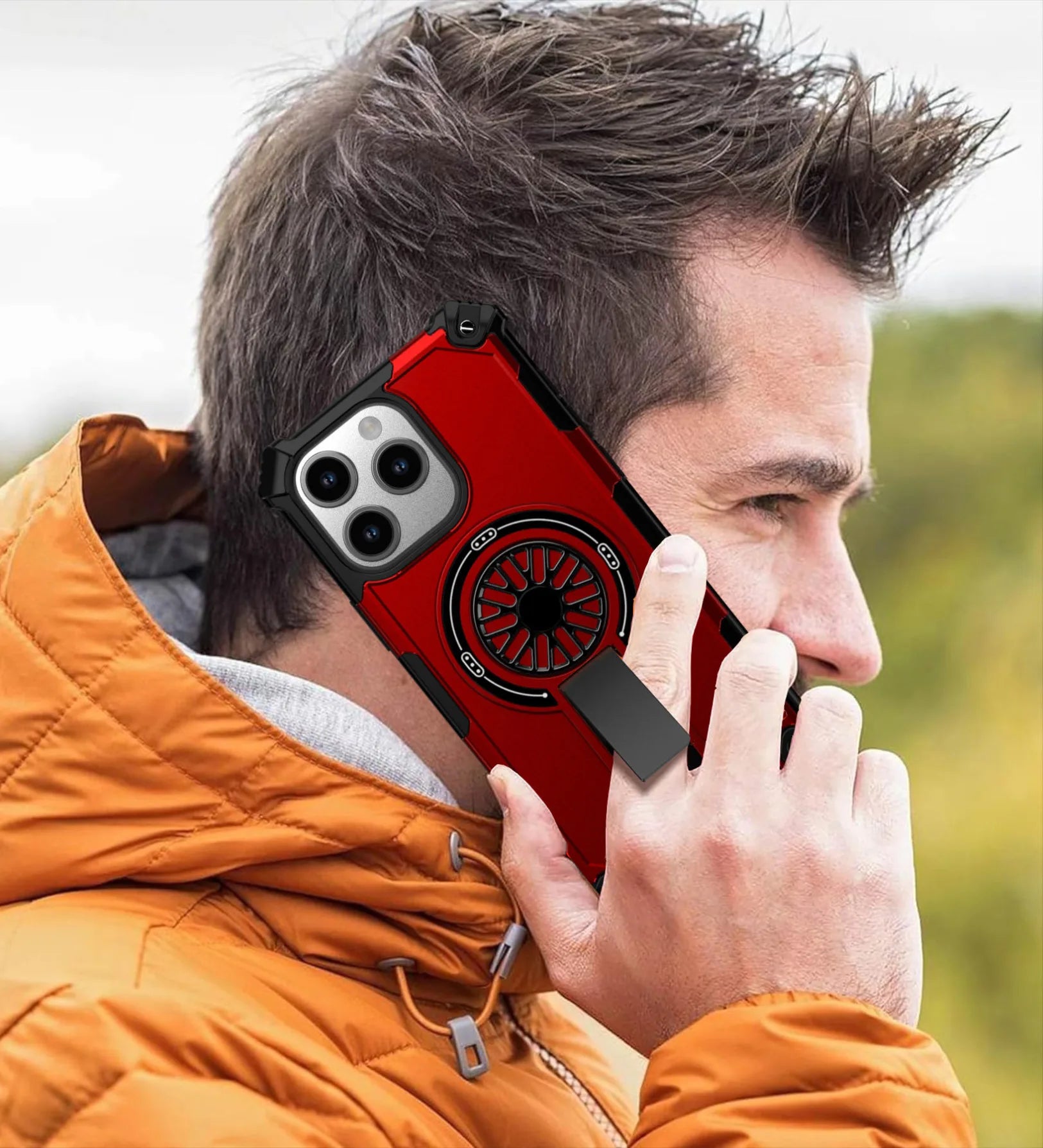 Heavy Duty Magnetic Armor iPhone Case with Kickstand & Spin Wheel - Red