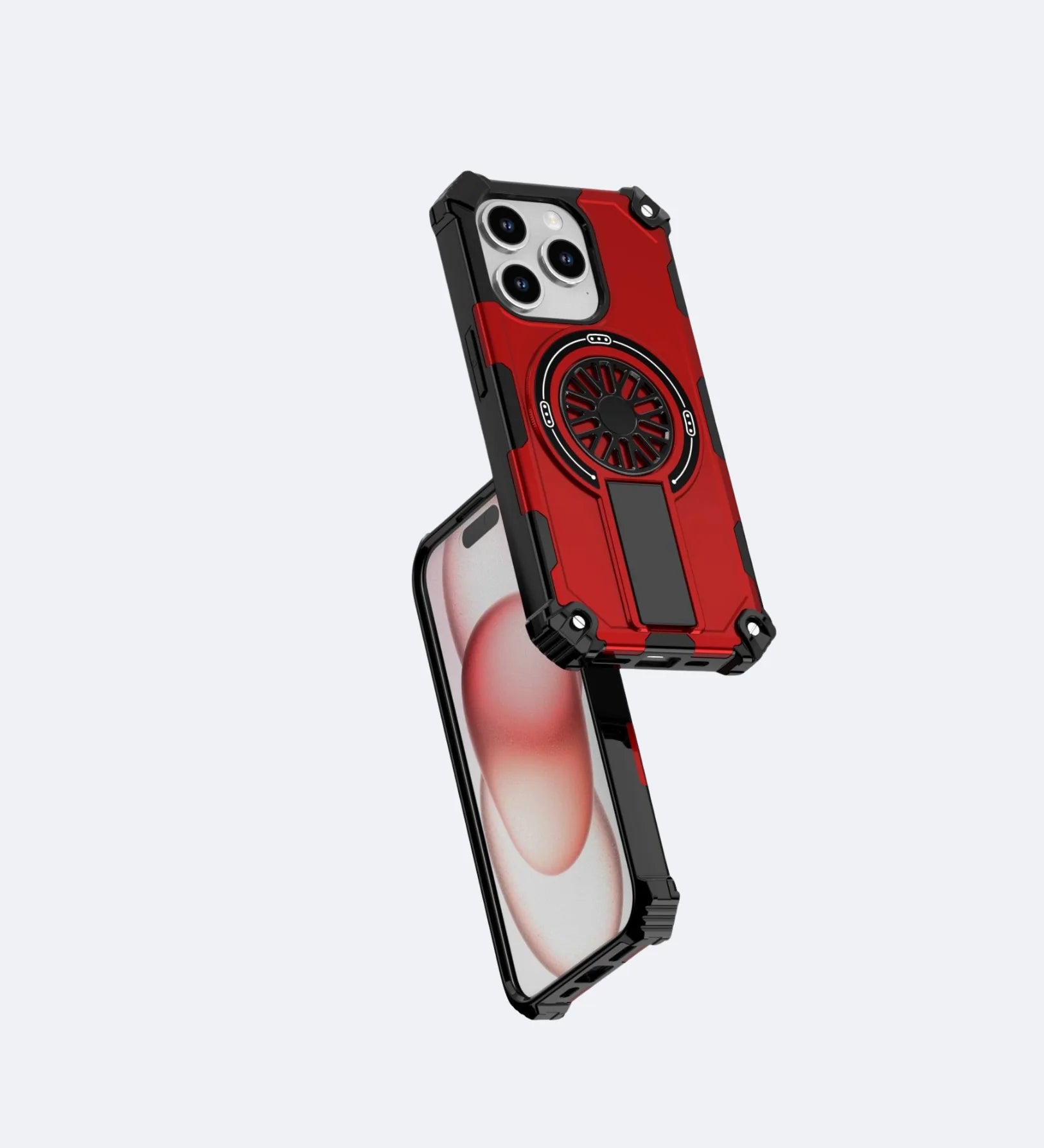 Heavy Duty Magnetic Armor iPhone Case with Kickstand & Spin Wheel - Red