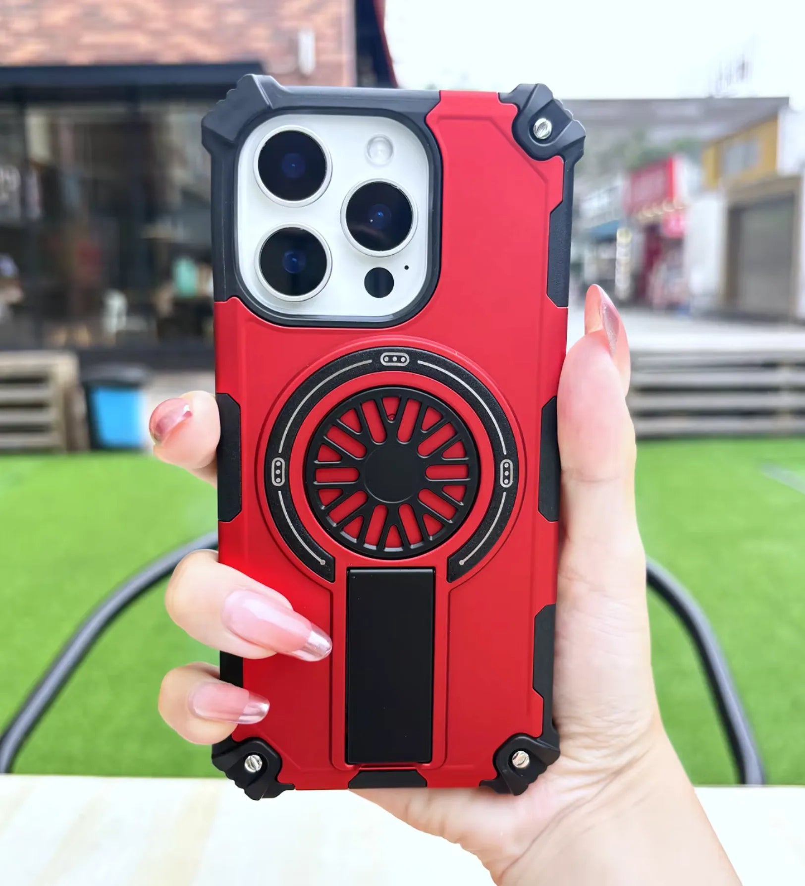 Heavy Duty Magnetic Armor iPhone Case with Kickstand & Spin Wheel - Red