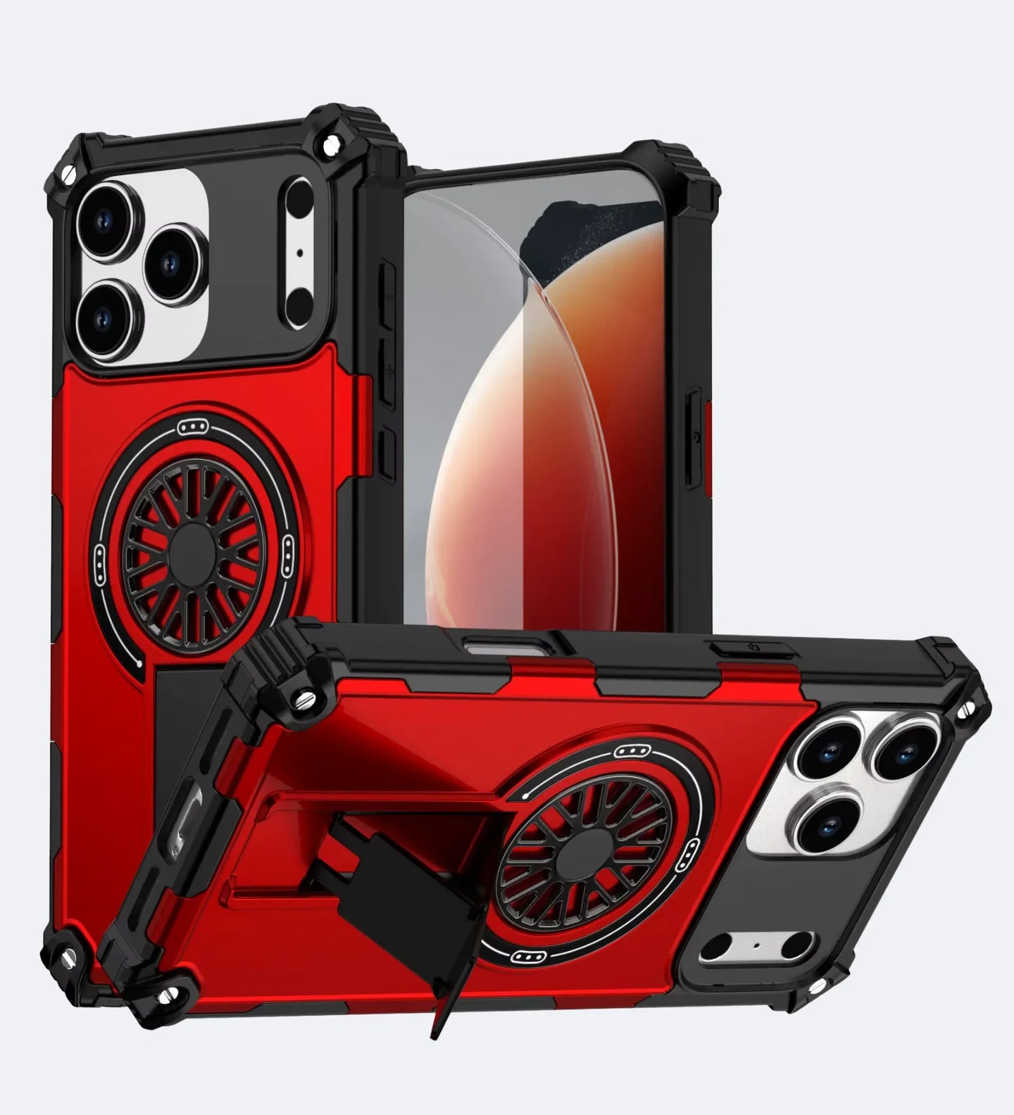 Red Heavy Duty Magnetic Armor iPhone case with reinforced corners and a built-in kickstand