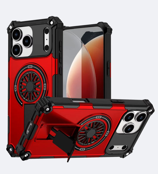 Heavy Duty Magnetic Armor iPhone Case with Kickstand & Spin Wheel - Red