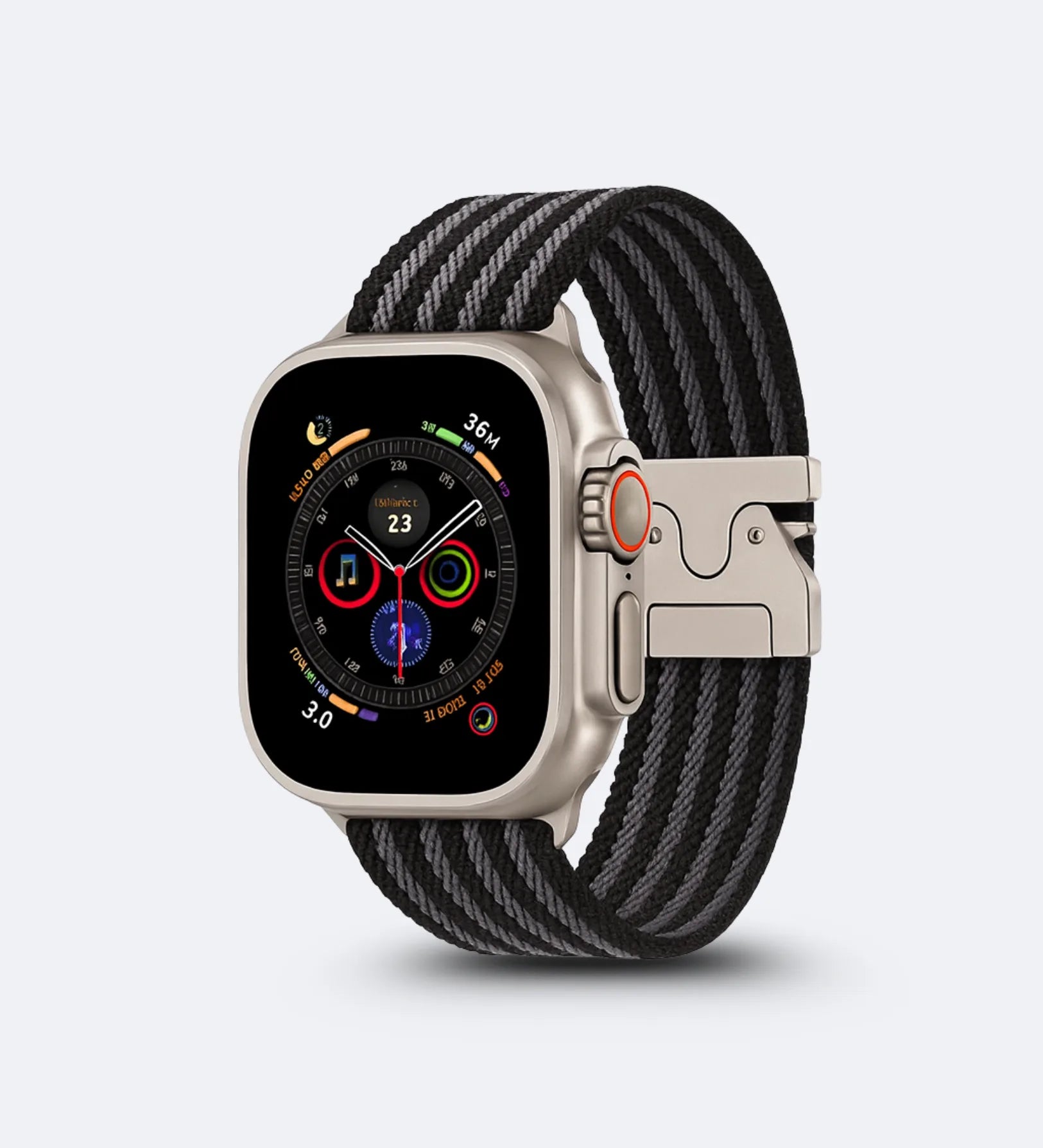 Parachute-Buckle Striped Nylon Apple Watch Band – Black