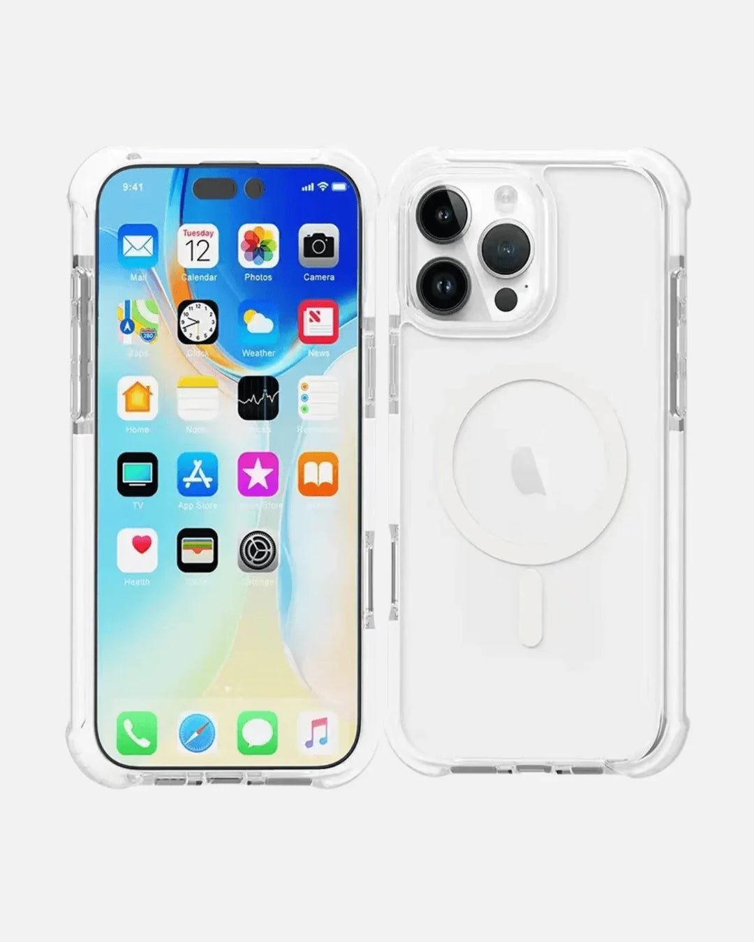 ShockGuard MagSafe case for iPhone 16 Pro Max in clear with white edges, showcasing phone's design.