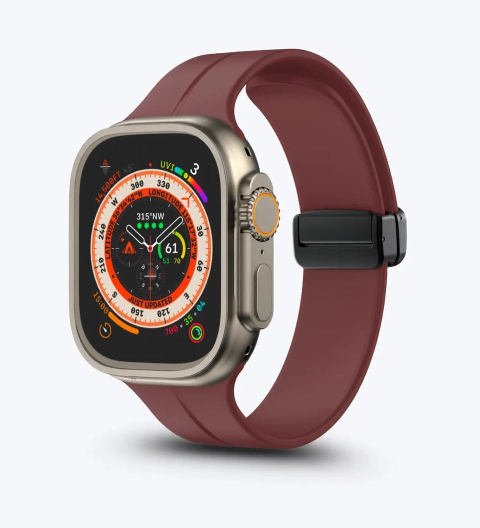 Silicone Magnetic Buckle Apple Watch Band – Wine Red – on wrist