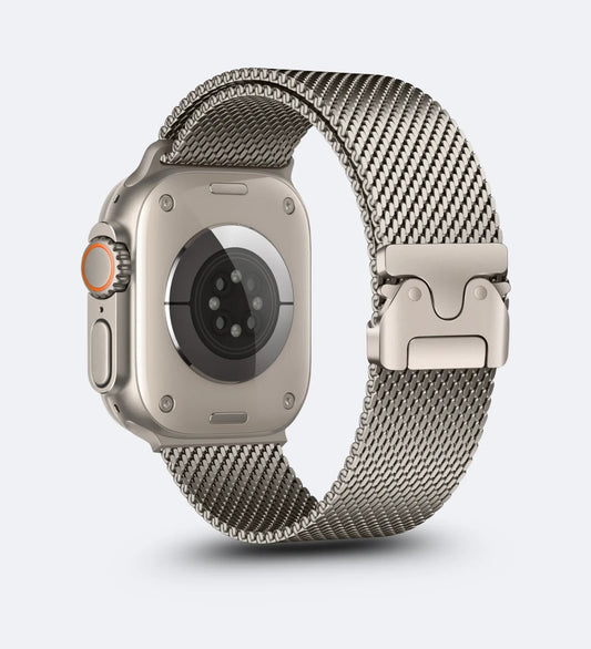 Stainless_Steel_Mesh Apple Watch Band - Magnetic Parachute-Buckle - Desert Titanium - Creslia