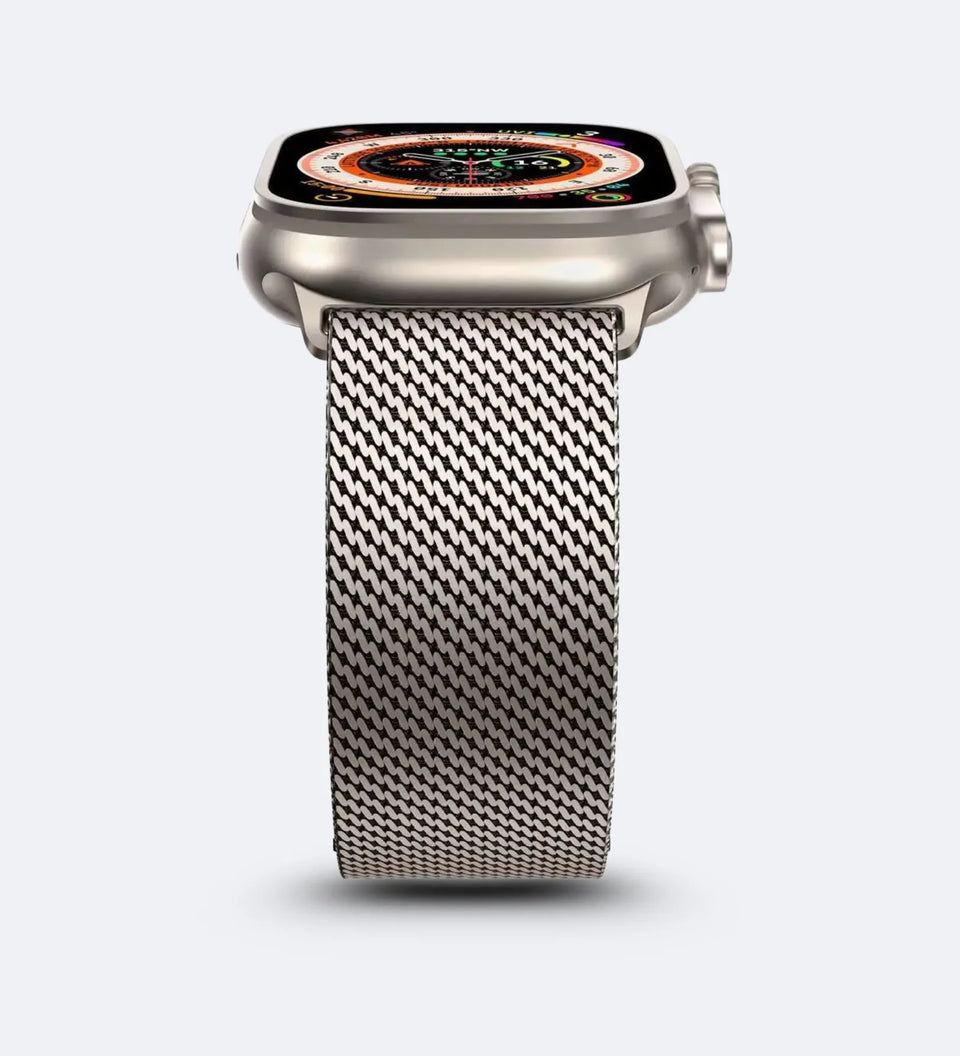 Stainless_Steel_Mesh Apple Watch Band - Magnetic Parachute-Buckle - Desert Titanium - Creslia