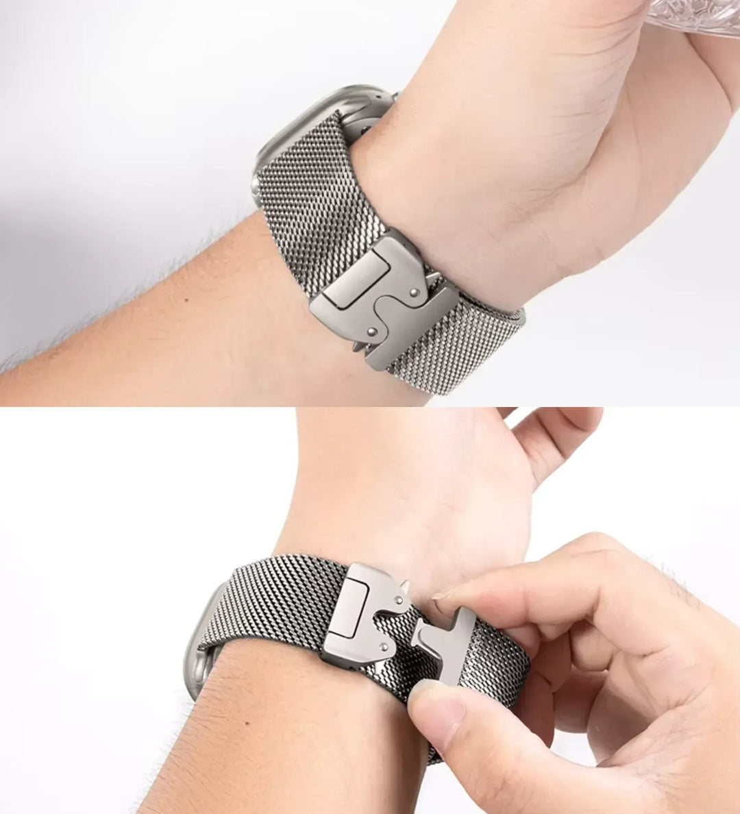 Stainless_Steel_Mesh Apple Watch Band - Magnetic Parachute-Buckle - Black Titanium - Creslia