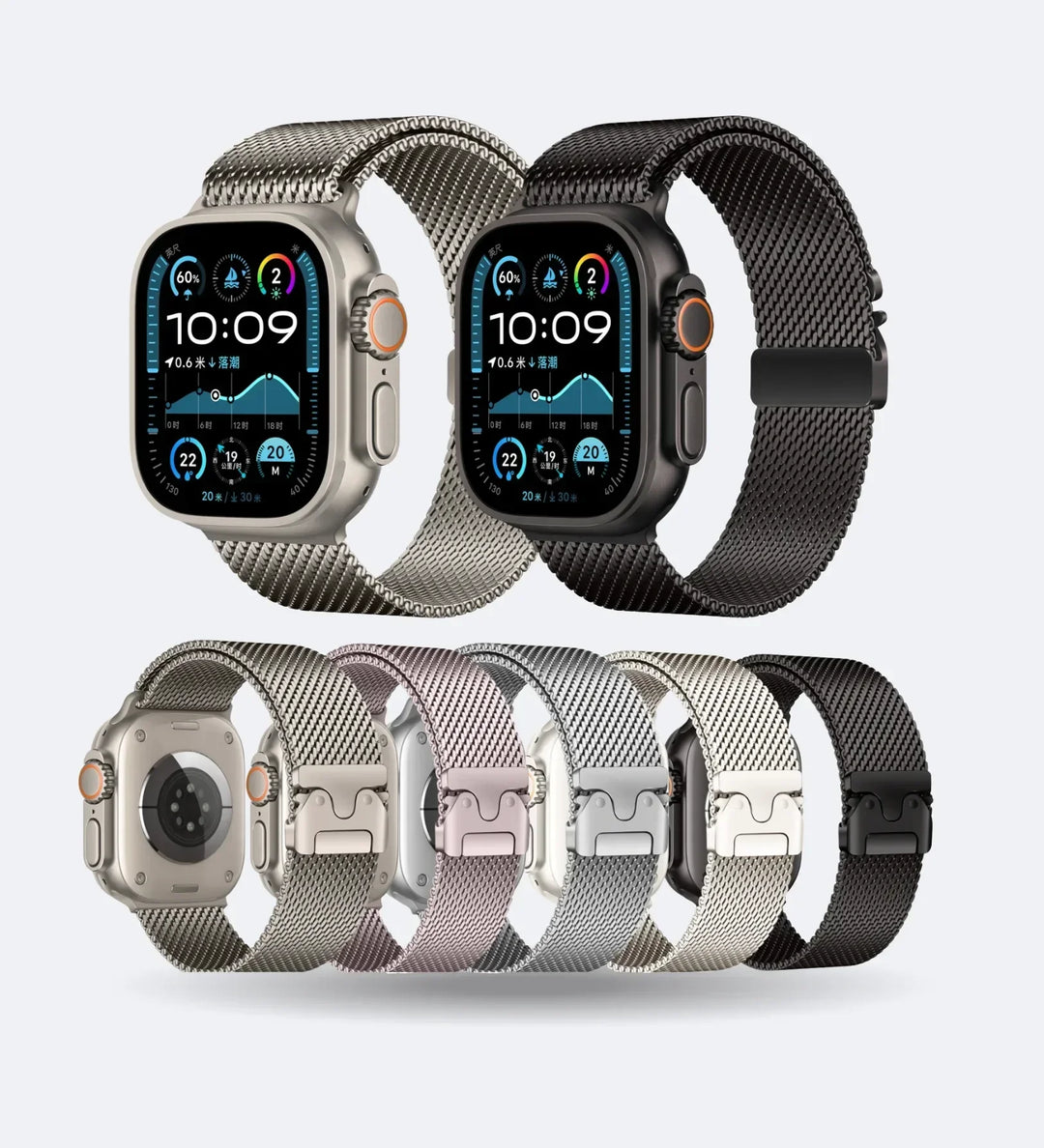 Stainless_Steel_Mesh Apple Watch Band - Magnetic Parachute-Buckle - Black Titanium - Creslia