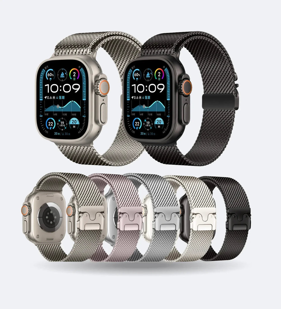 Stainless_Steel_Mesh Apple Watch Band - Magnetic Parachute-Buckle - Black Titanium - Creslia