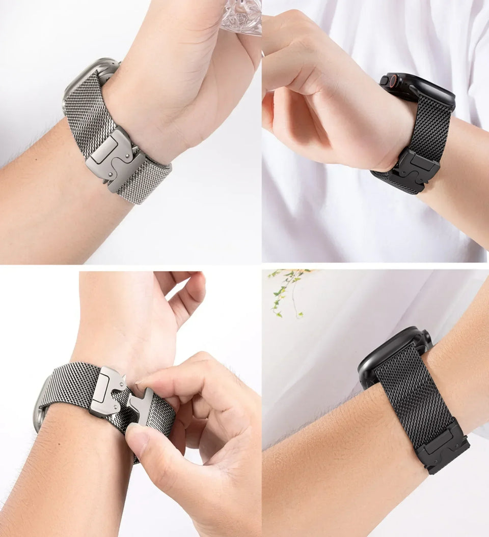 Stainless_Steel_Mesh Apple Watch Band - Magnetic Parachute-Buckle - Black Titanium - Creslia