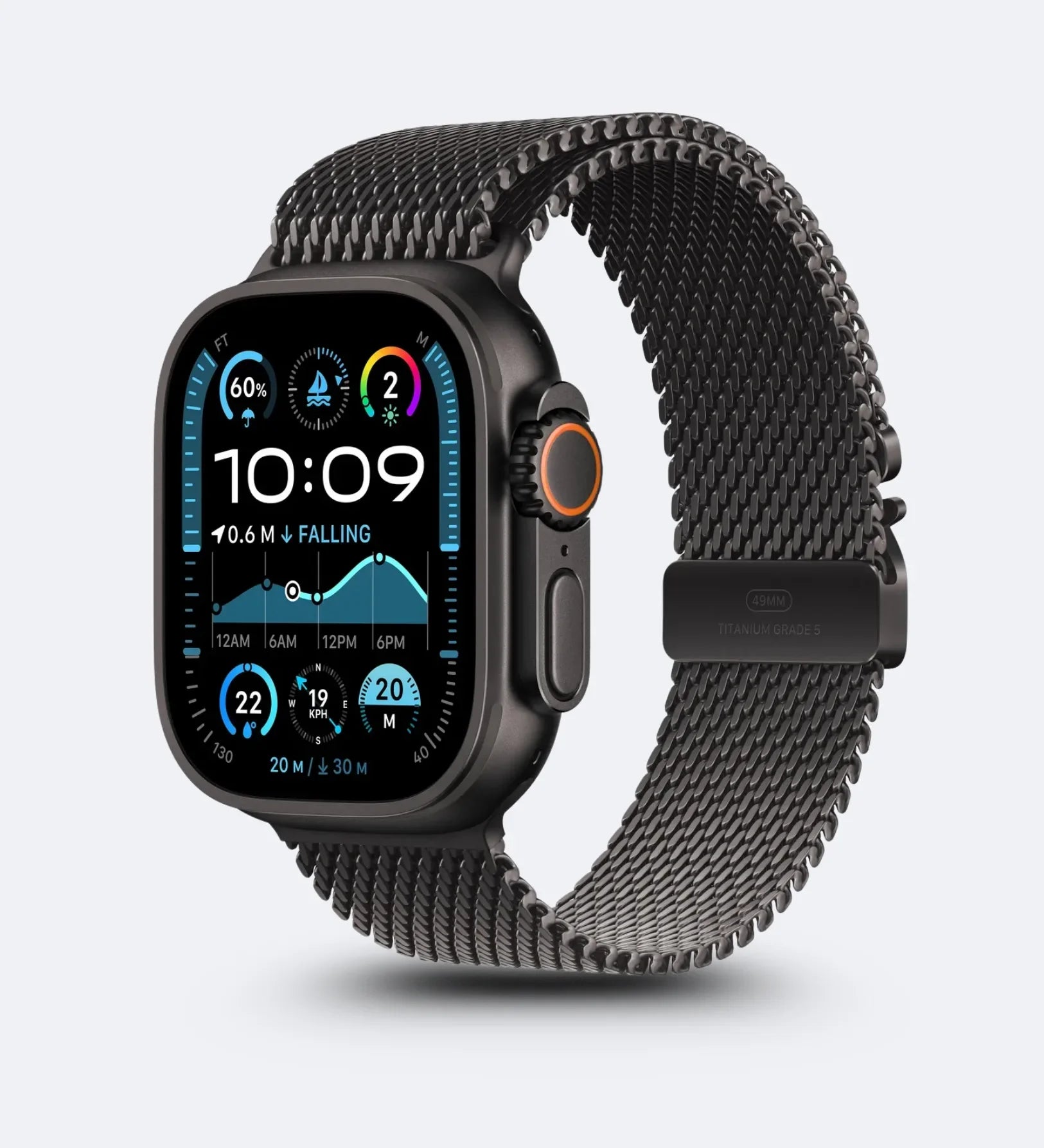 Stainless_Steel_Mesh Apple Watch Band - Magnetic Parachute-Buckle - Black Titanium - Creslia