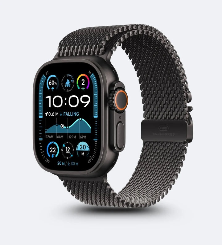 Stainless_Steel_Mesh Apple Watch Band - Magnetic Parachute-Buckle - Black Titanium - Creslia