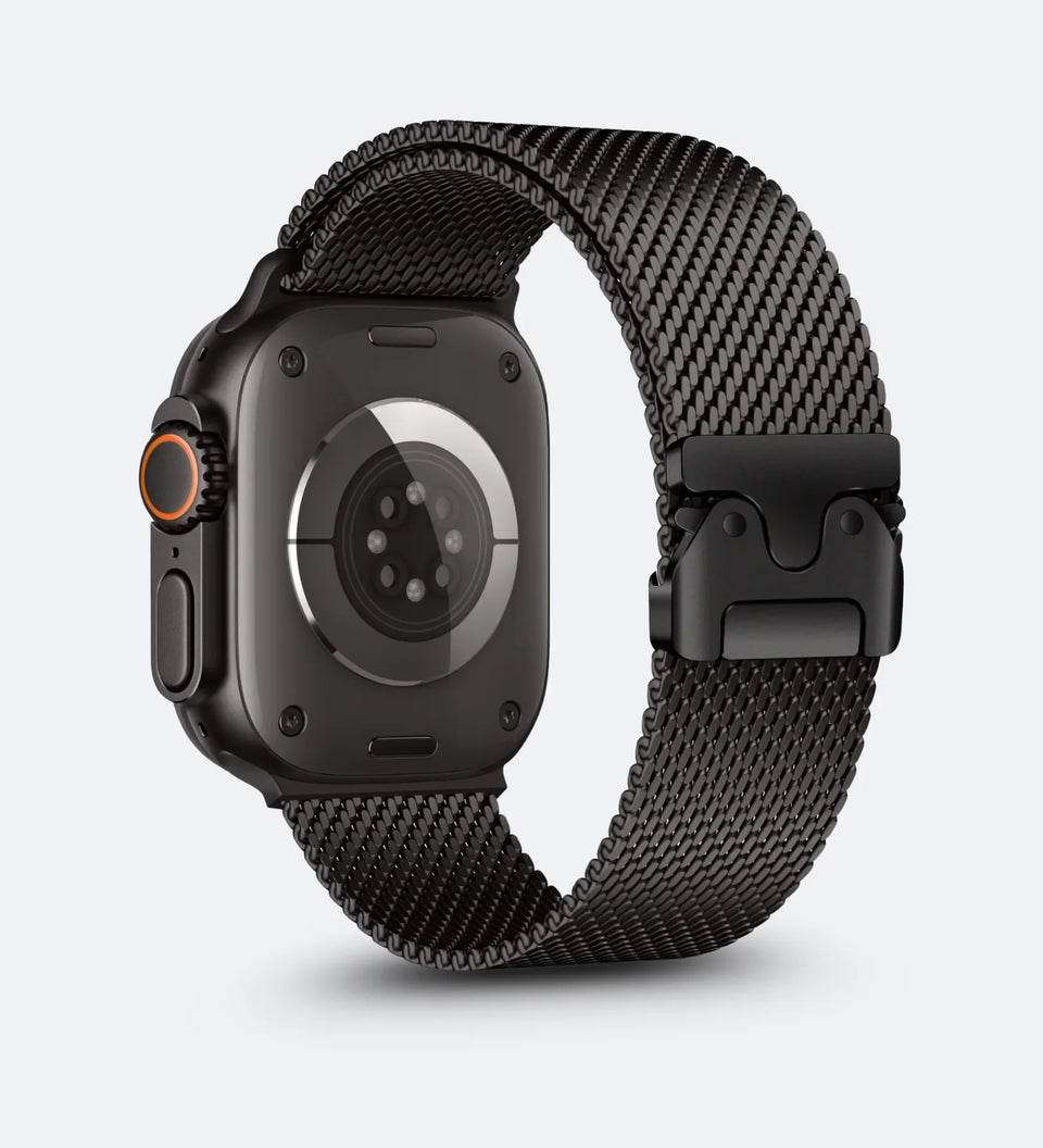 Stainless_Steel_Mesh Apple Watch Band - Magnetic Parachute-Buckle - Black Titanium - Creslia
