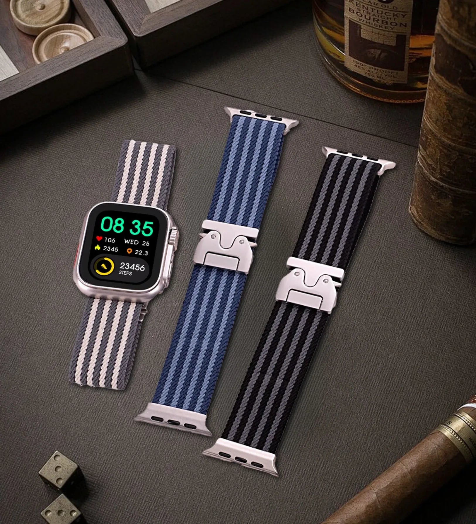 Parachute-Buckle Striped Nylon Apple Watch Band – Black