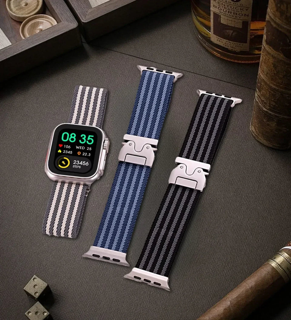 Parachute-Buckle Striped Nylon Apple Watch Band – Blue - Creslia