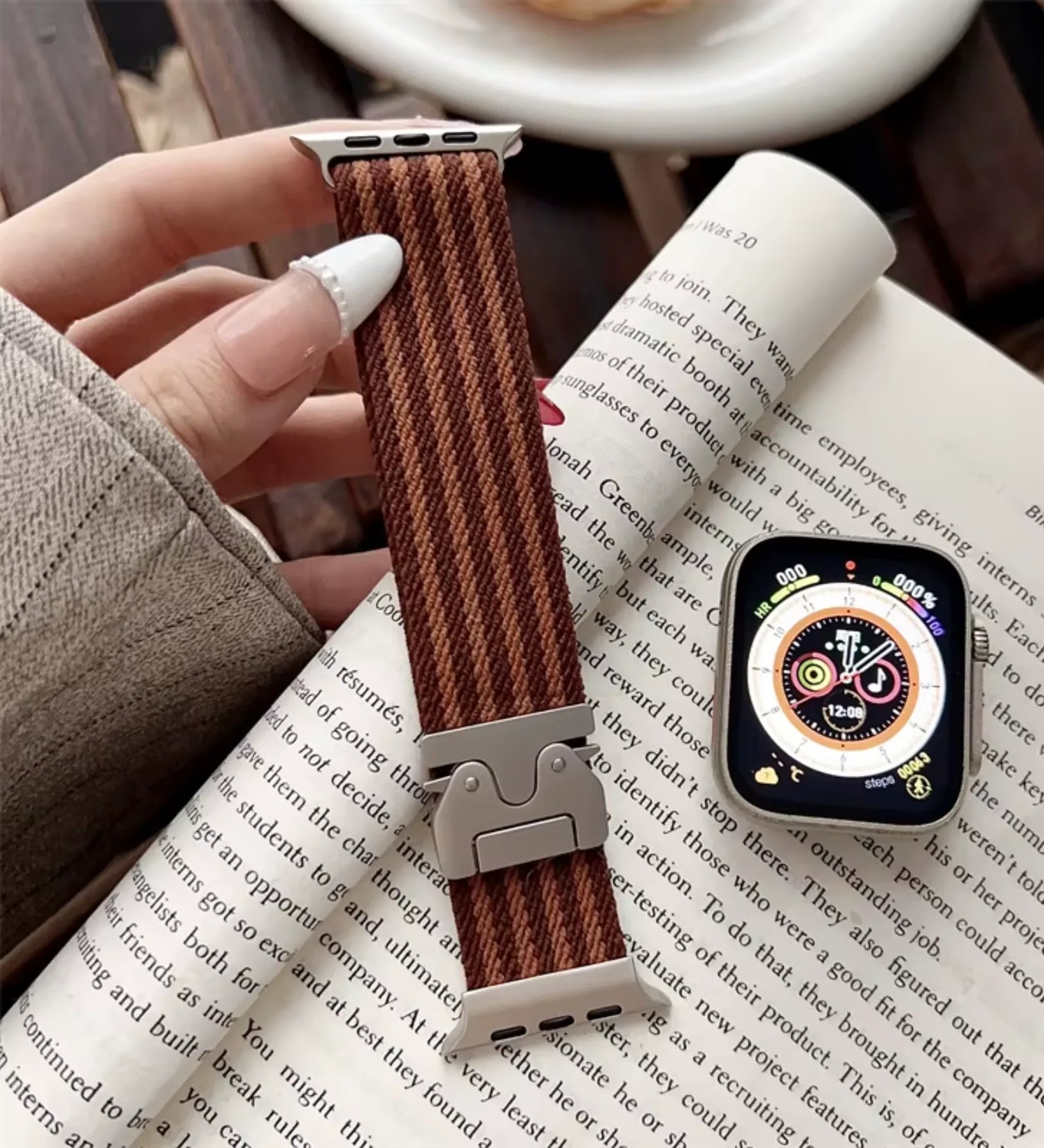 Parachute-Buckle Striped Nylon Apple Watch Band – Brown