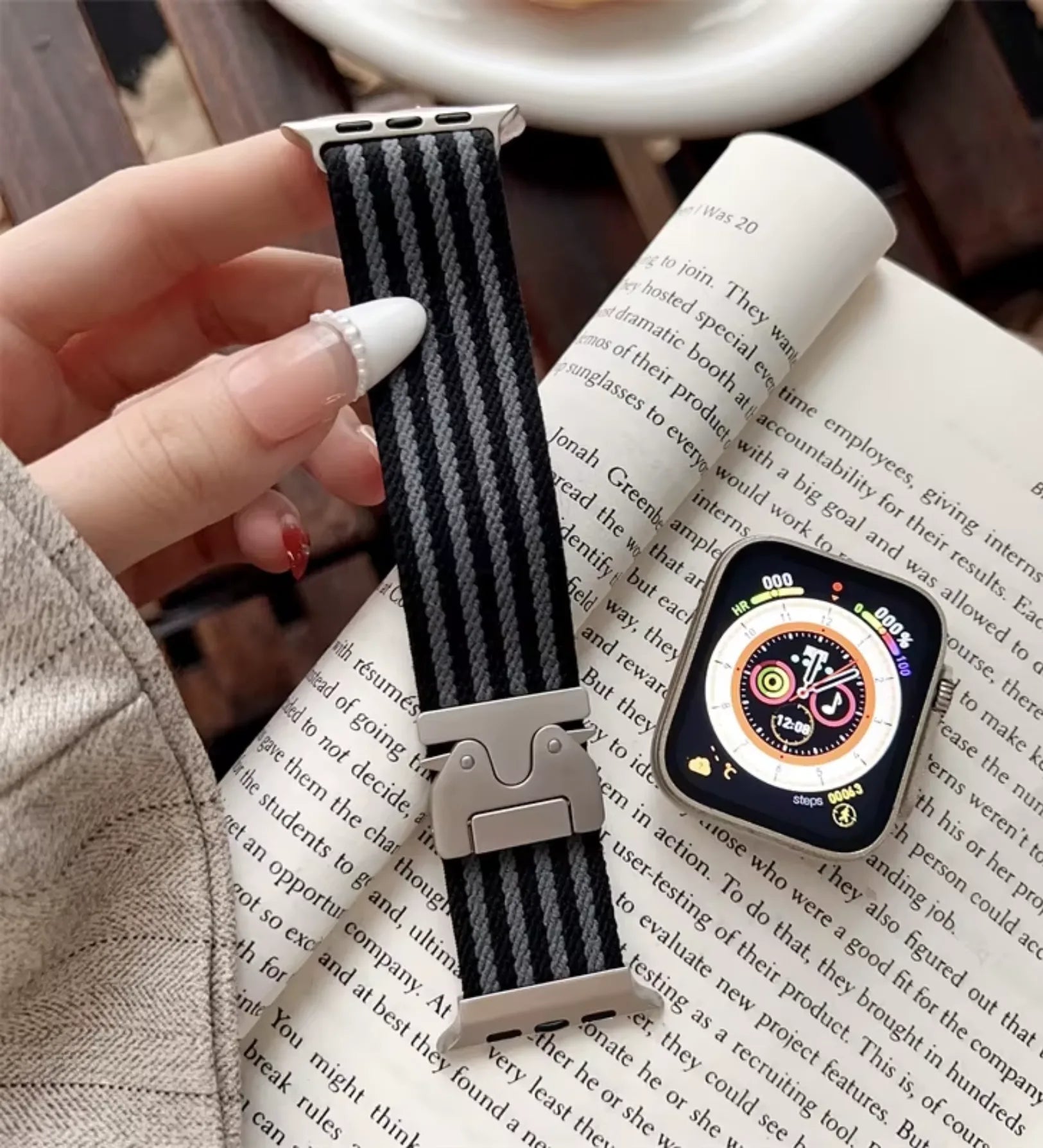 Parachute-Buckle Striped Nylon Apple Watch Band – Black