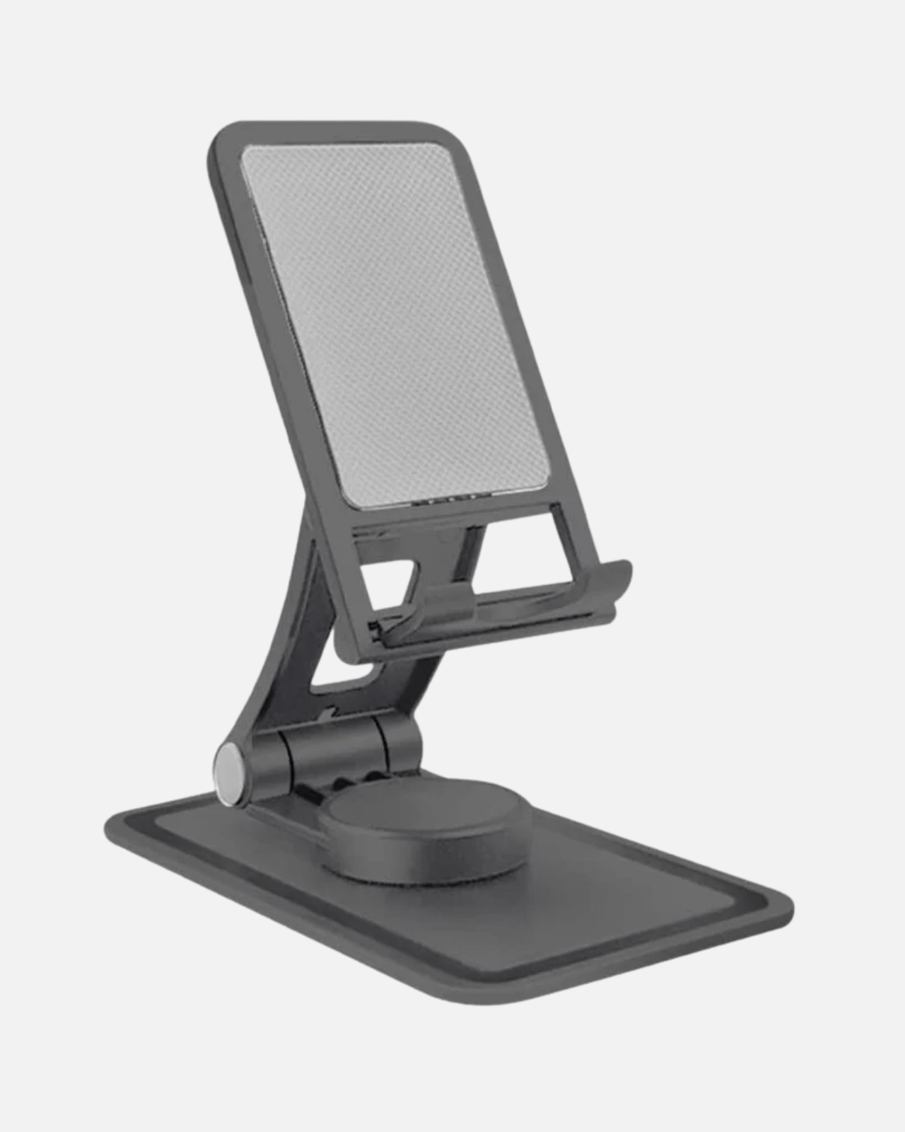 Adjustable foldable phone stand with non-slip base for smartphones and tablets, perfect for desks and travel.